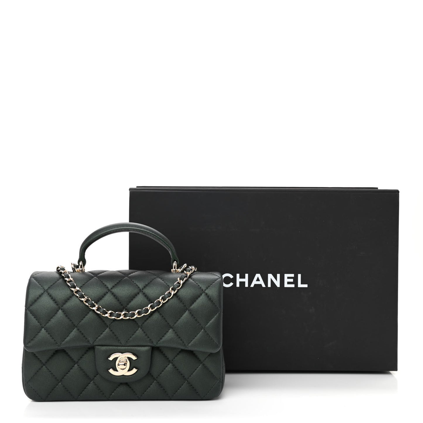 Iridescent Lambskin Quilted Mini Top Handle Rectangular Flap Dark Green