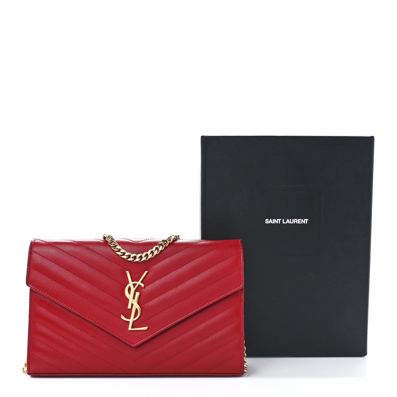 Saint Laurent Grain De Poudre Matelasse Chevron Monogram Chain Wallet Red 11 of 11