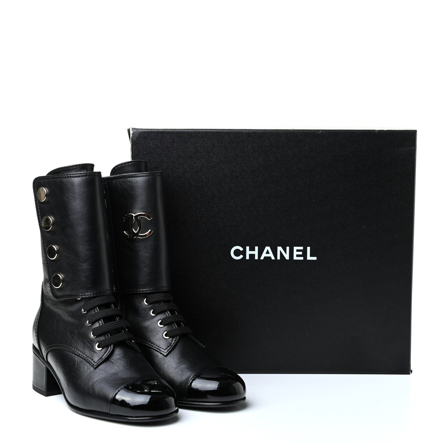Calfskin Patent Cap Toe CC Lace Up Boots 36 Black