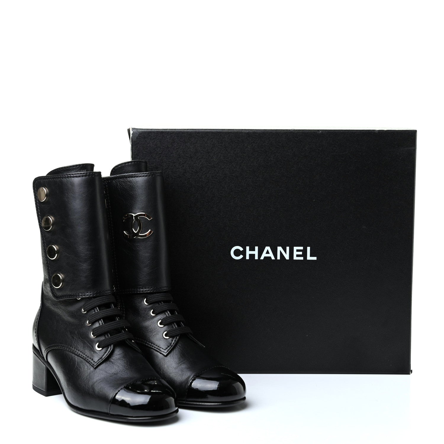 Chanel Calfskin Patent Cap Toe CC Lace Up Boots 36 Black 10 of 10