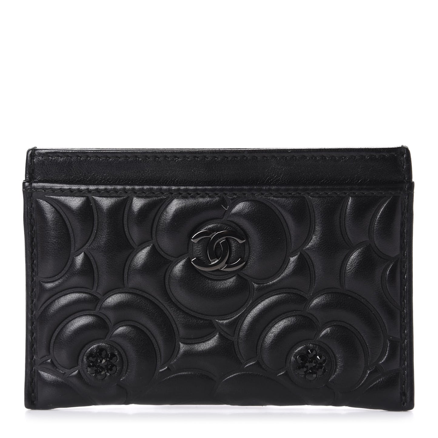 Lambskin Camellia Embossed Card Holder So Black