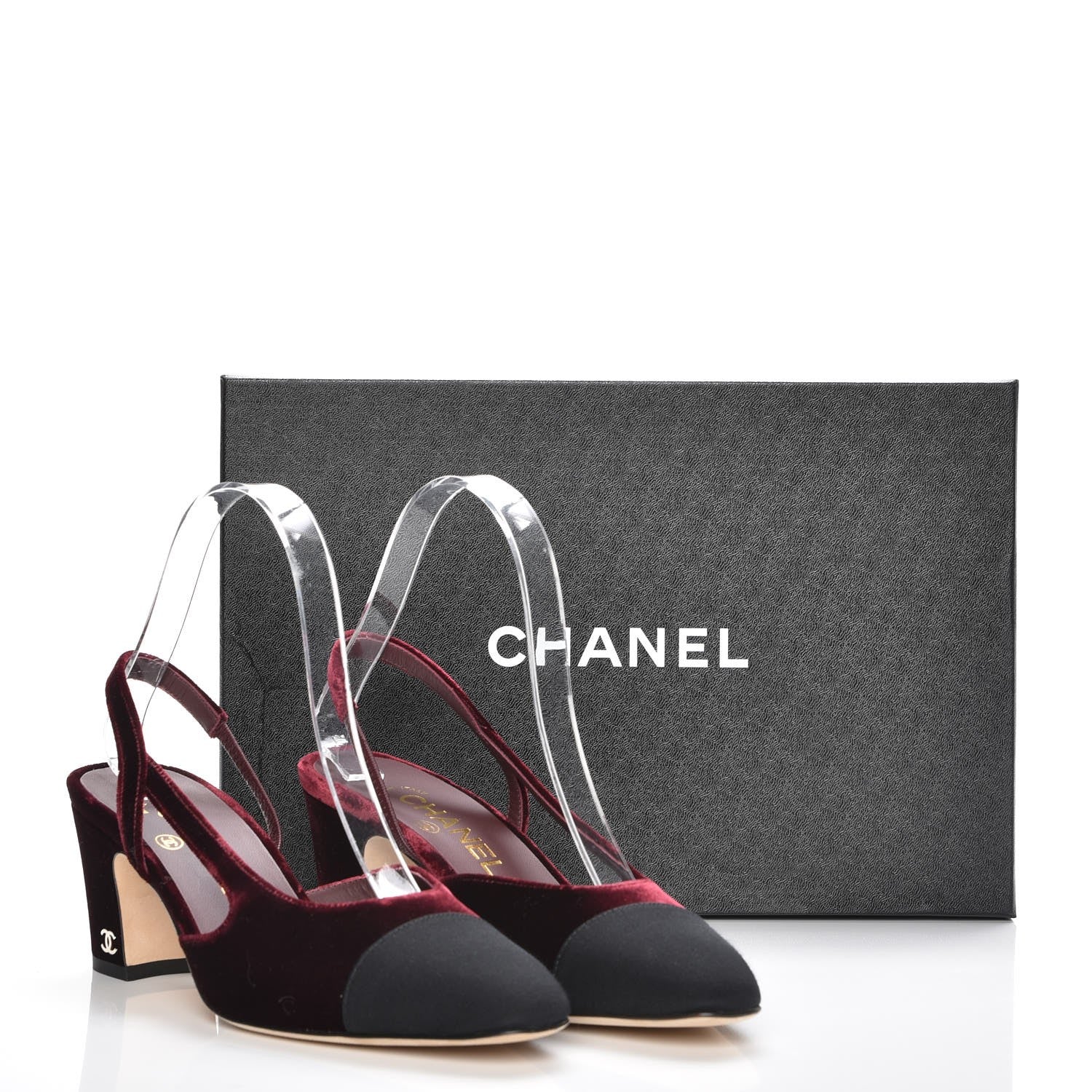 Chanel Velvet Grosgrain Cap Toe CC Slingback Pumps 37 Burgundy Black 9 of 9