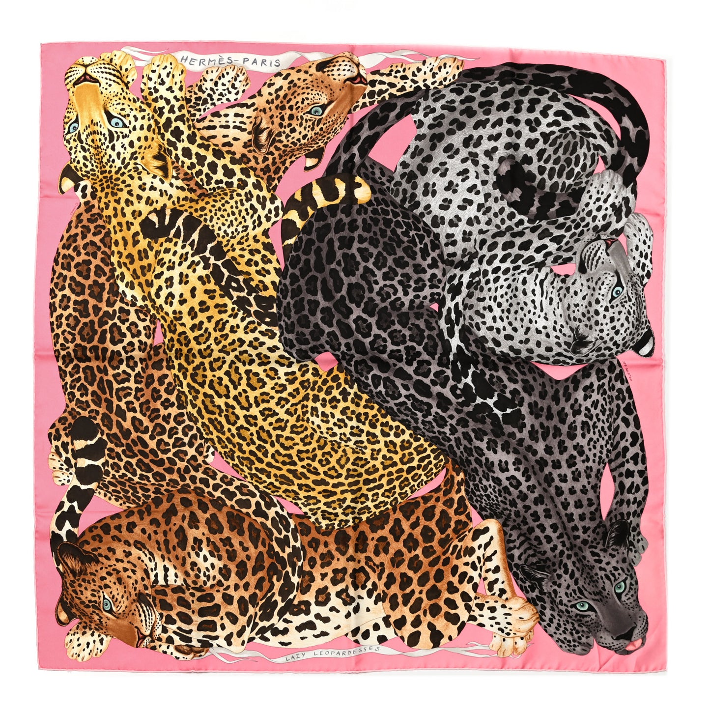 Silk Twill Lazy Leopardesses Scarf 90 Rose Vif Anthracite