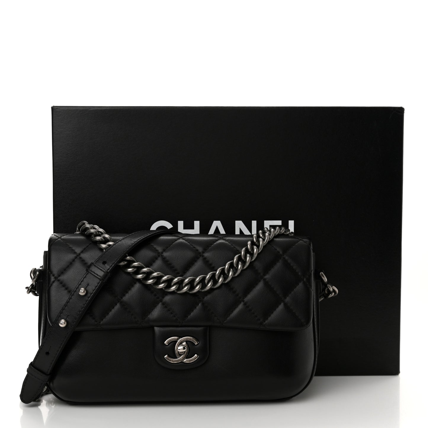 Calfskin Quilted Large Rock My Shoulder Flap Black