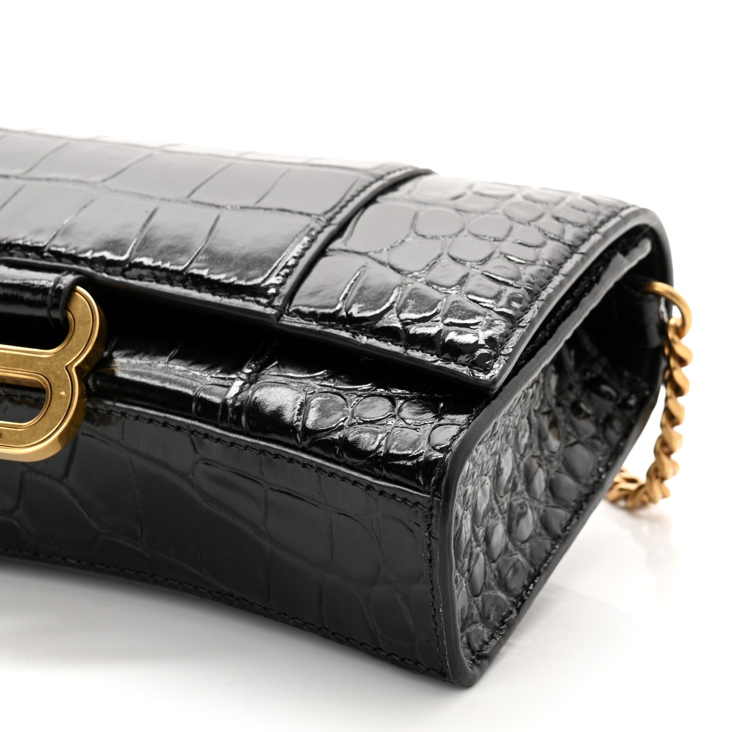 Shiny Calfskin Crocodile Embossed Hourglass Chain Bag Black