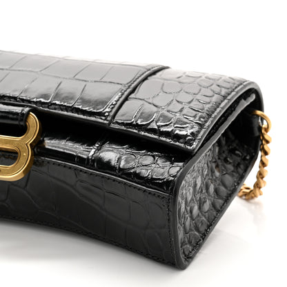 Balenciaga Shiny Calfskin Crocodile Embossed Hourglass Chain Bag Black 8 of 8