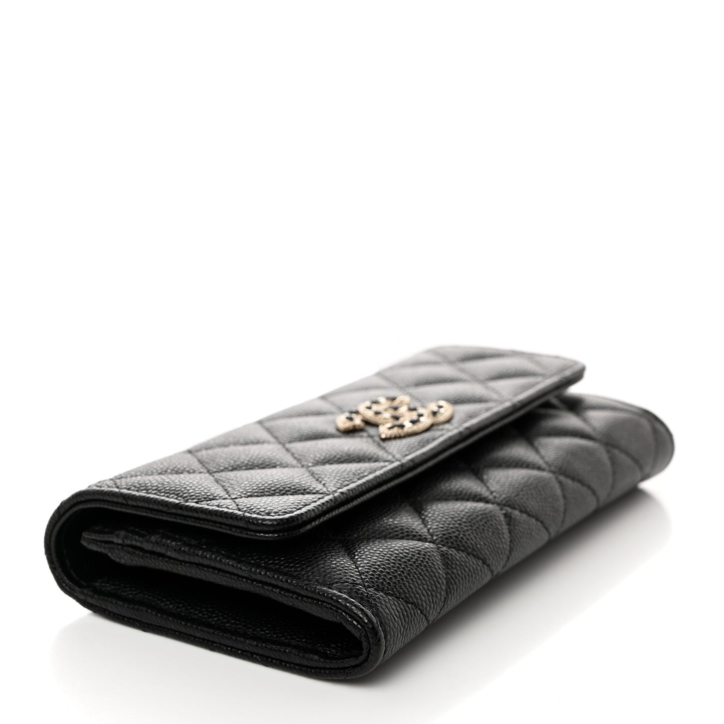 Caviar Quilted Crystal CC Large Gusset Flap Wallet Black