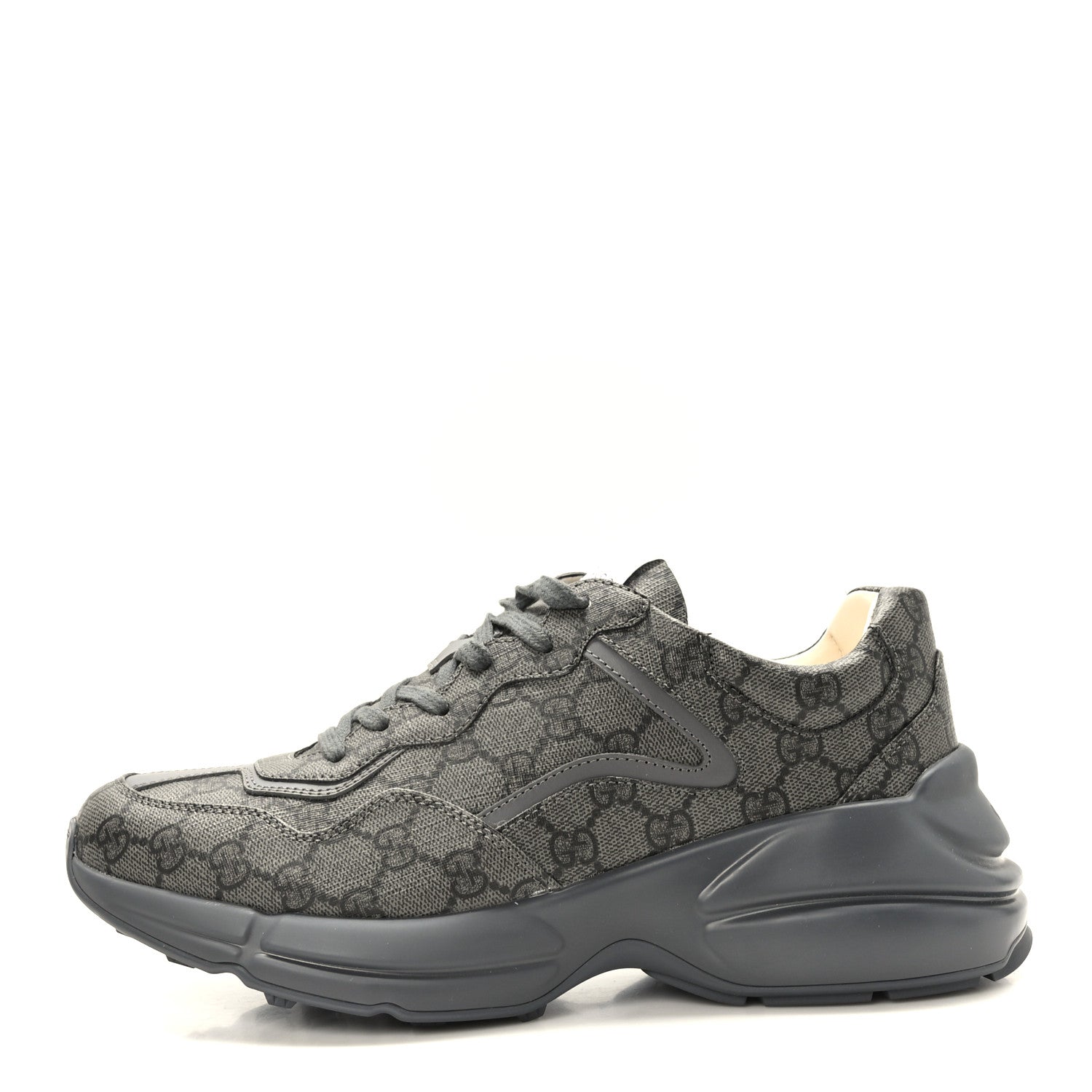 Gucci GG Supreme Monogram Apollo Calfskin Mens Rhyton Sneakers 8 Grey Black Graphite Grey 1 of 10