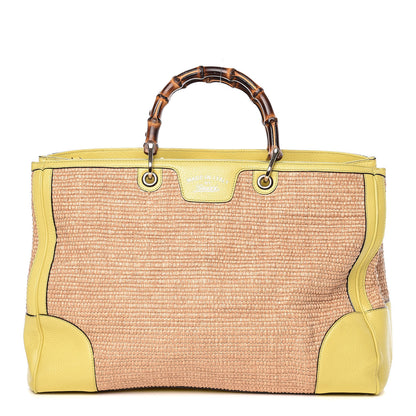 Gucci Calfskin Straw Large Bamboo Shopper Tote Citrus 1 of 8