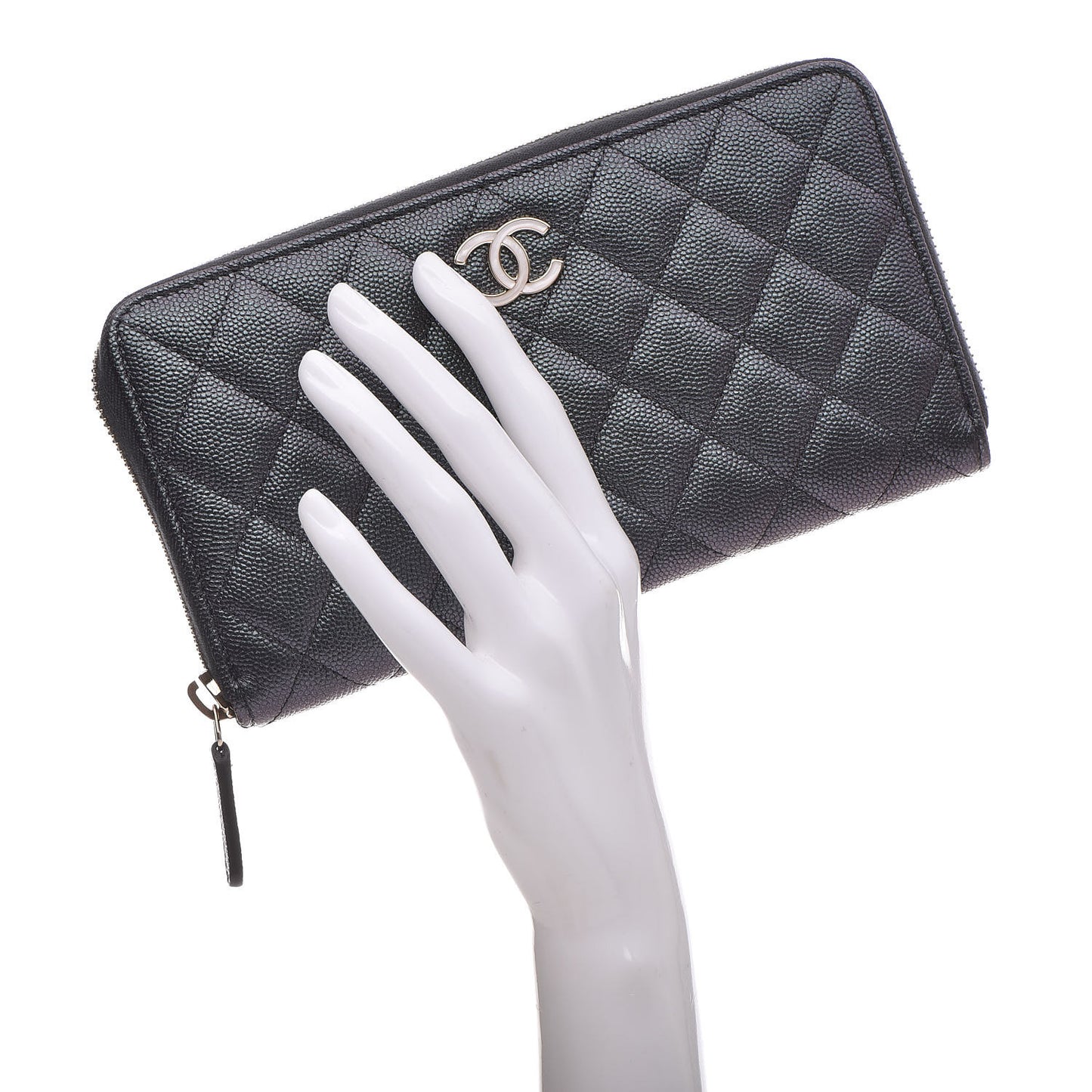 Iridescent Caviar Quilted Long Zip Around Wallet Black