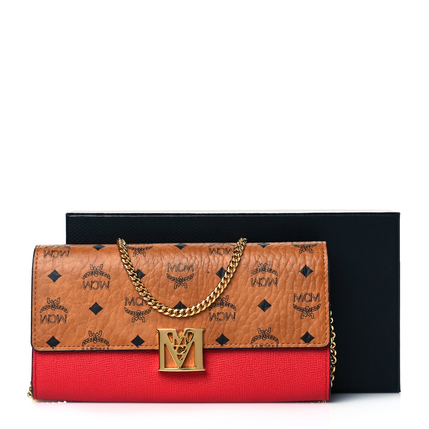 Visetos Calfskin Large Mena Crossbody Wallet On Chain Cognac Ruby Red