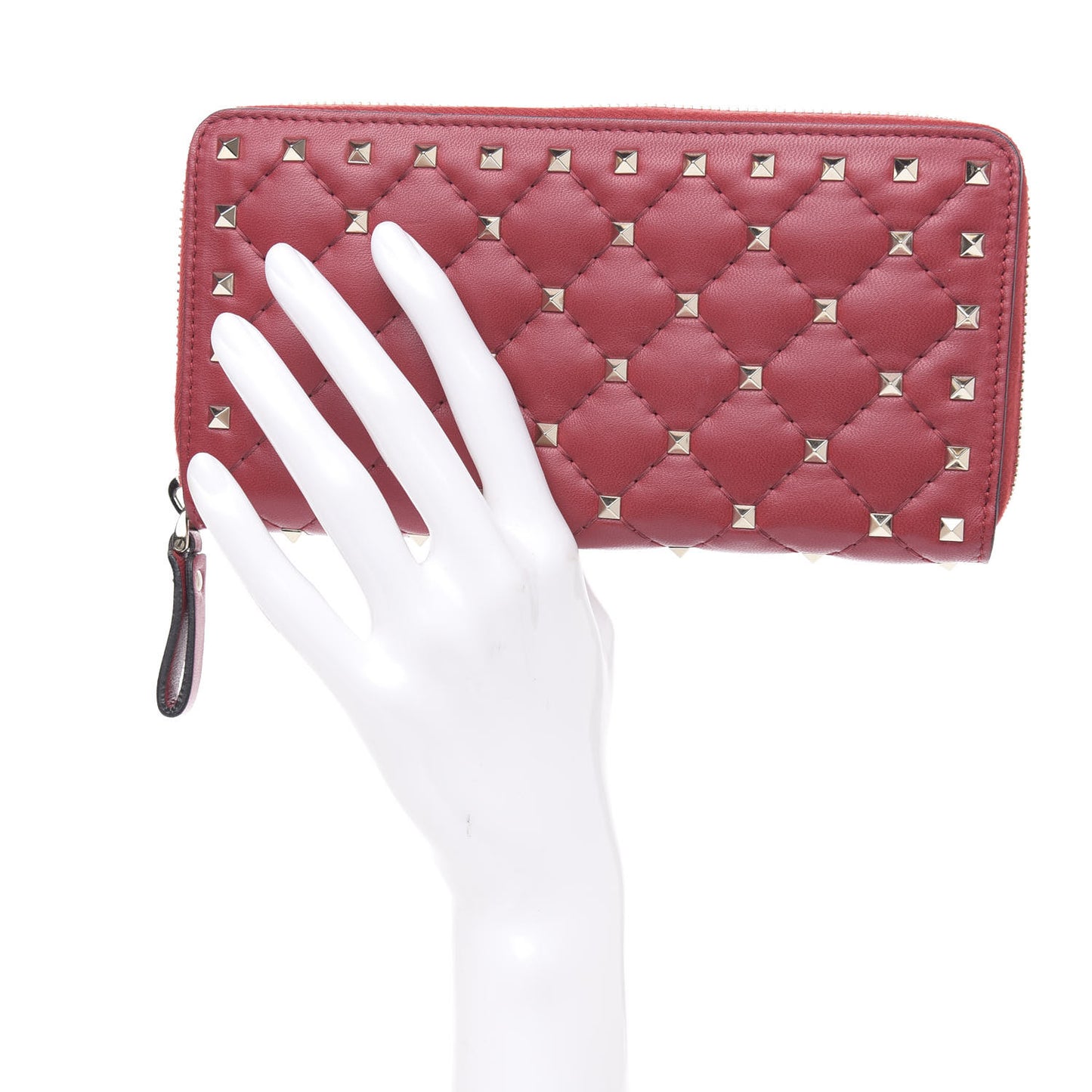 Lambskin Rockstud Spike Zip Around Wallet Red