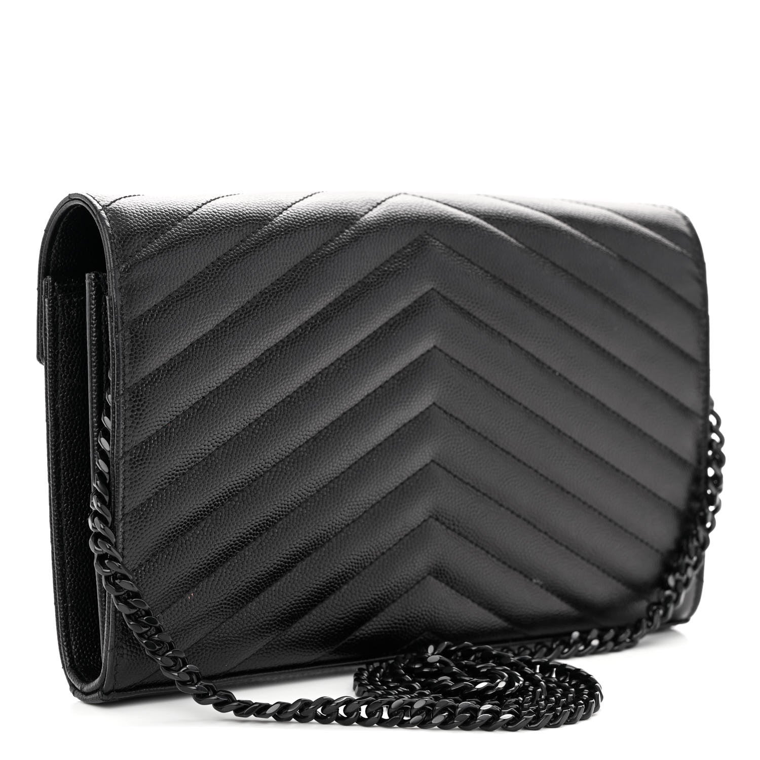 Saint Laurent Grain De Poudre Matelasse Chevron Monogram Monochrome Chain Wallet Black 3 of 9