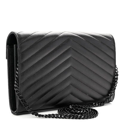 Saint Laurent Grain De Poudre Matelasse Chevron Monogram Monochrome Chain Wallet Black 3 of 9