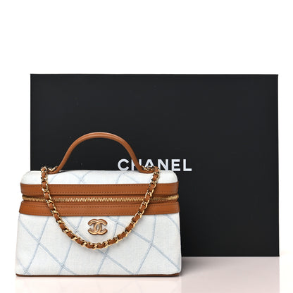 Chanel Washed Denim Calfskin Quilted Top Handle Slim Vanity Case With Chain Blue Brown 11 of 11