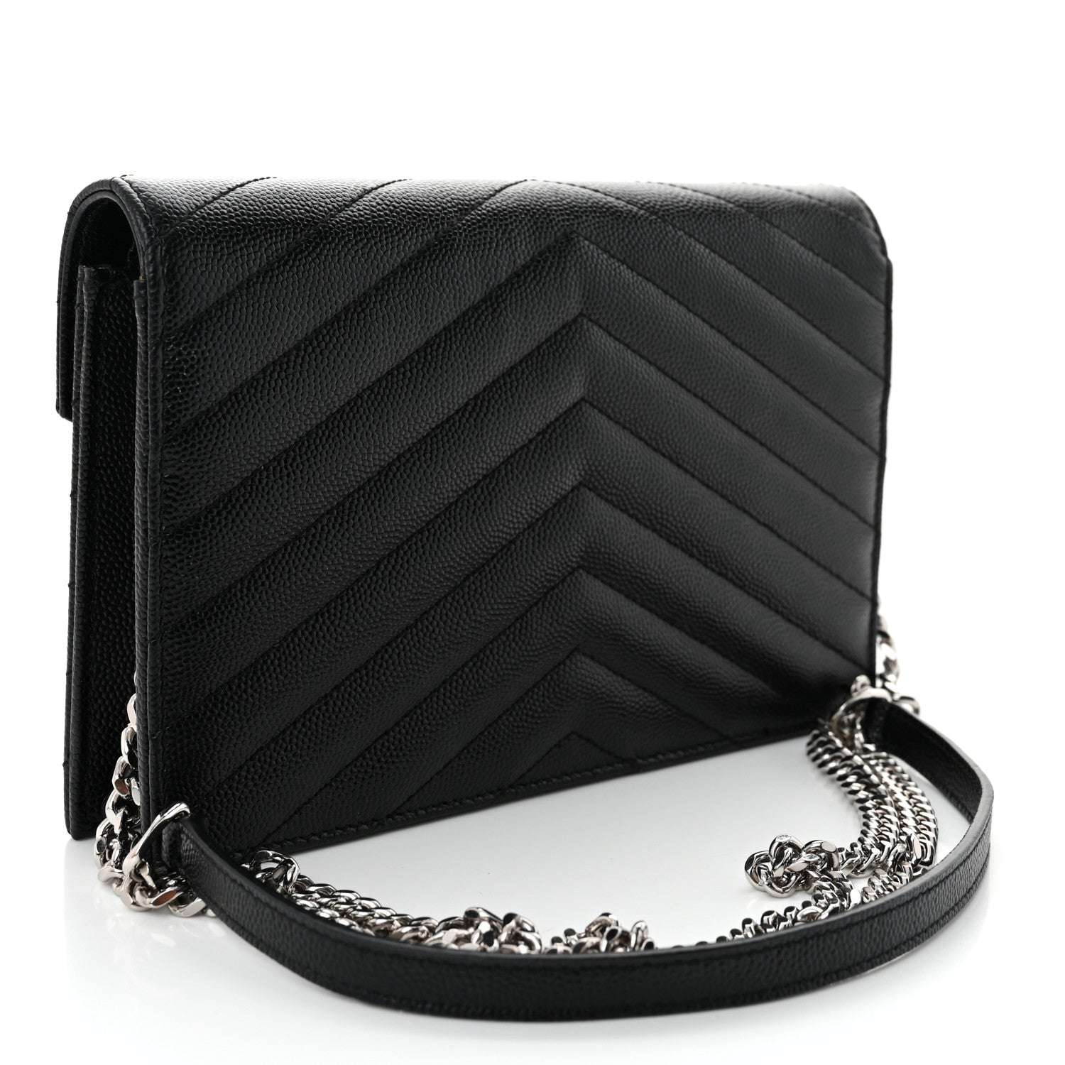 Saint Laurent Grain De Poudre Matelasse Chevron Monogram Envelope Chain Wallet Black 3 of 10