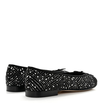 Chanel Tweed Crystal Grosgrain Cap Toe Ballerina Flats 39 Black White 4 of 8