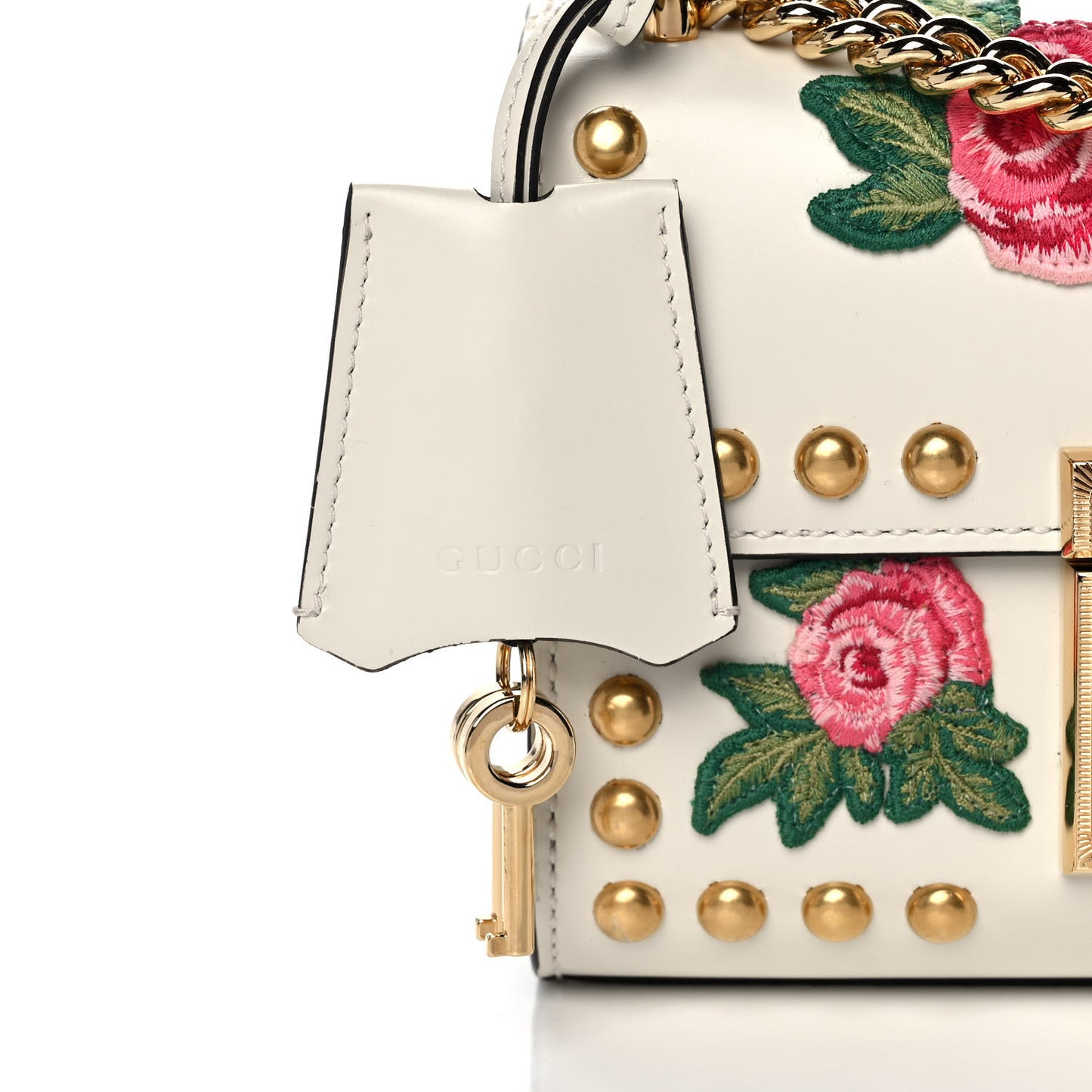 Calfskin Floral Embroidered Small Padlock Shoulder Bag White