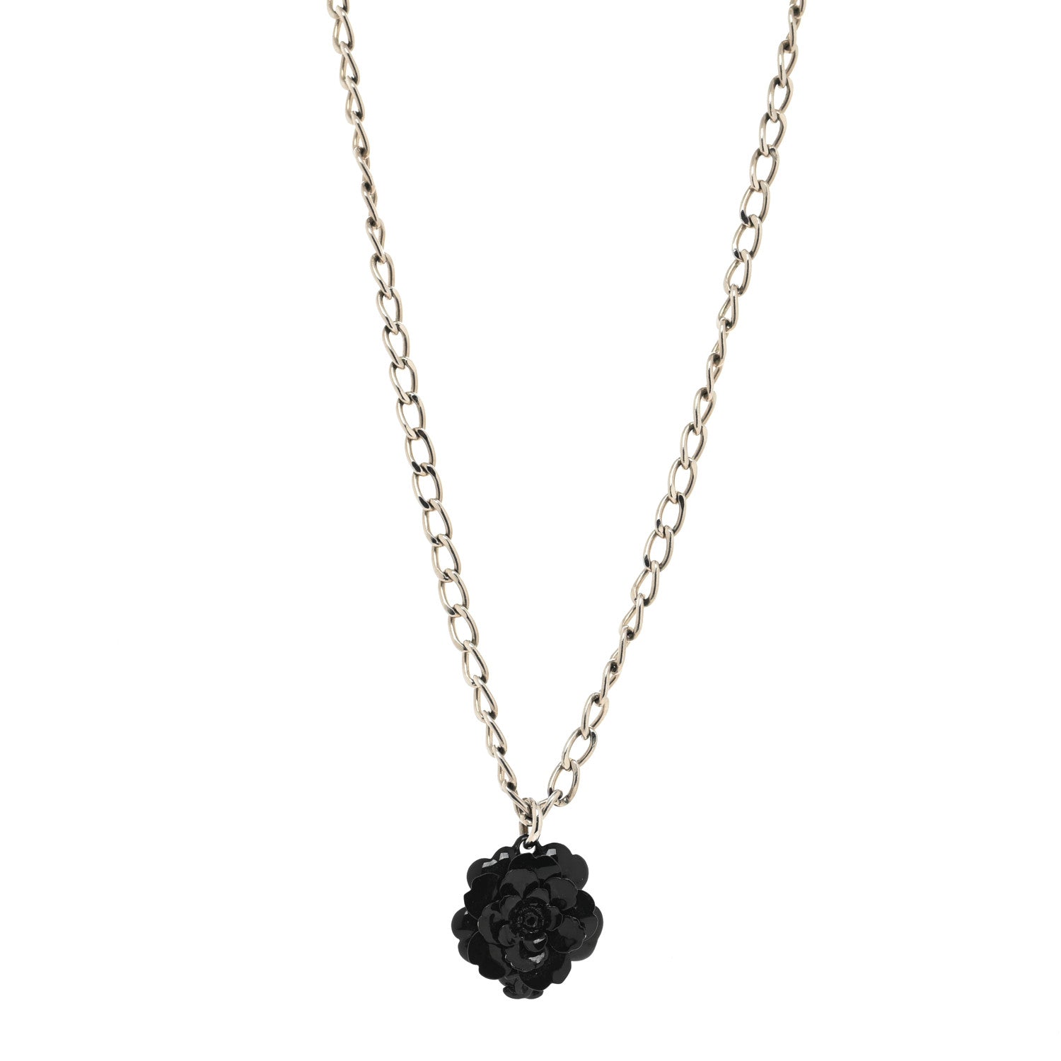 Chanel Resin Camellia Chain Necklace Silver Black 1 of 3