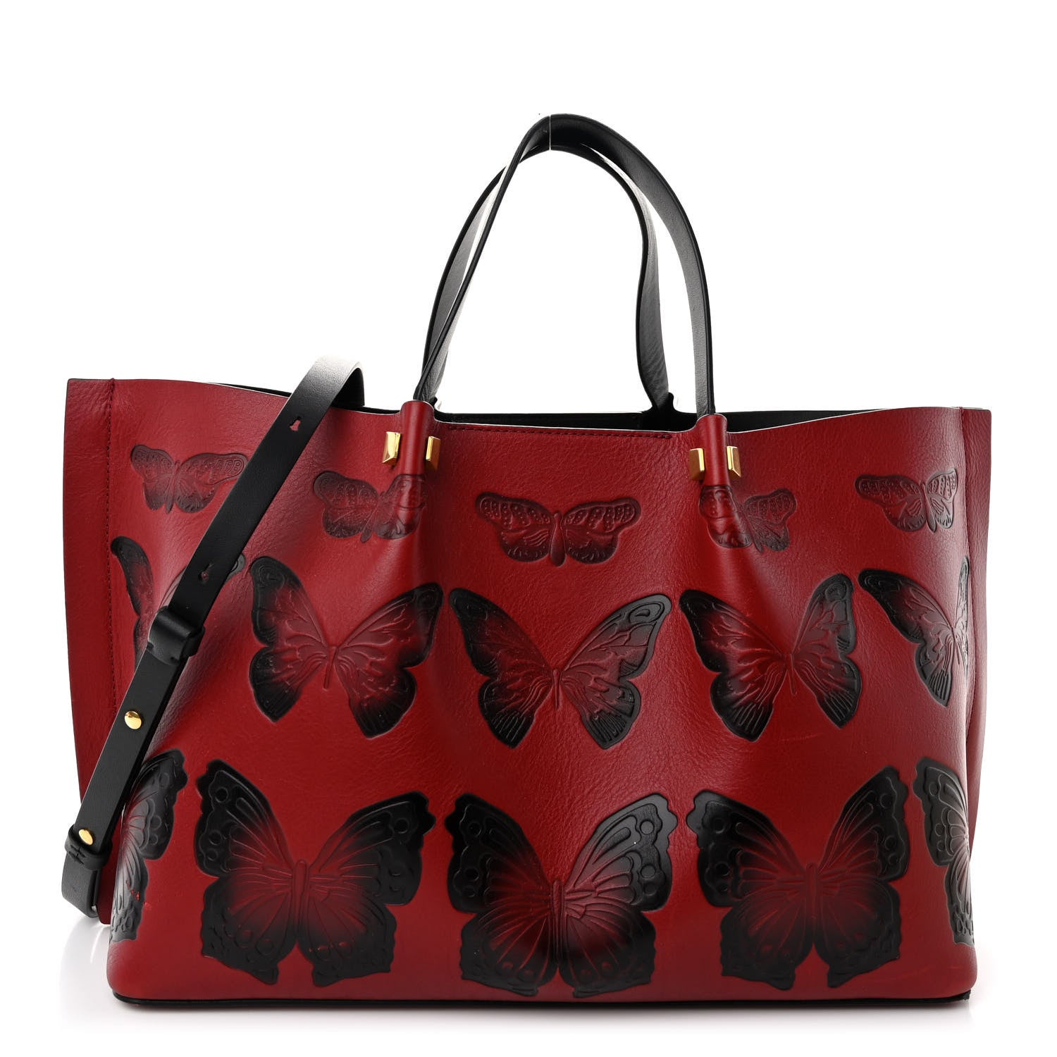 Valentino Garavani Grained Calfskin Butterfly Embossed Medium VLogo Escape Shopper Bag Red Black 3 of 17