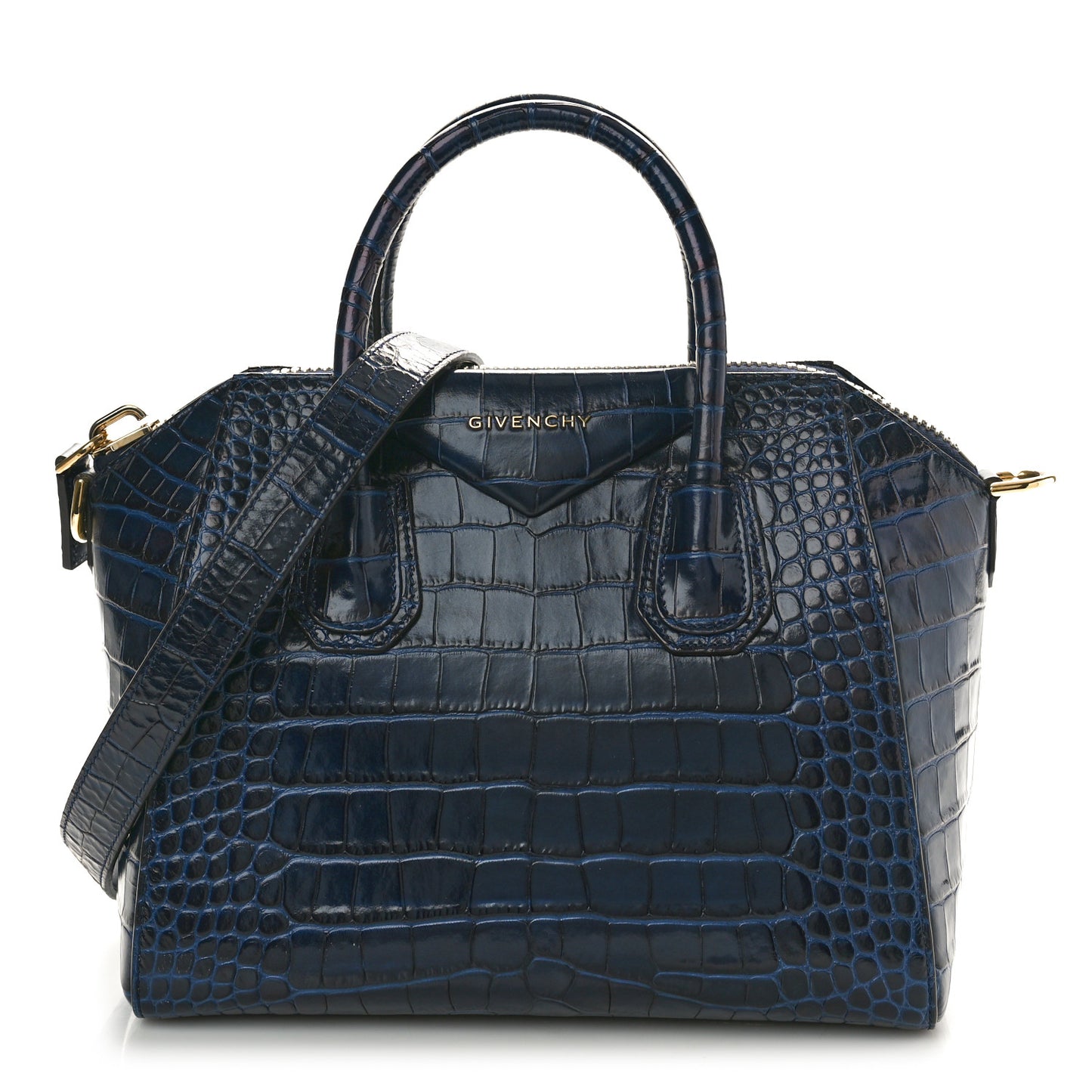Calfskin Crocodile Embossed Small Antigona Deep Blue