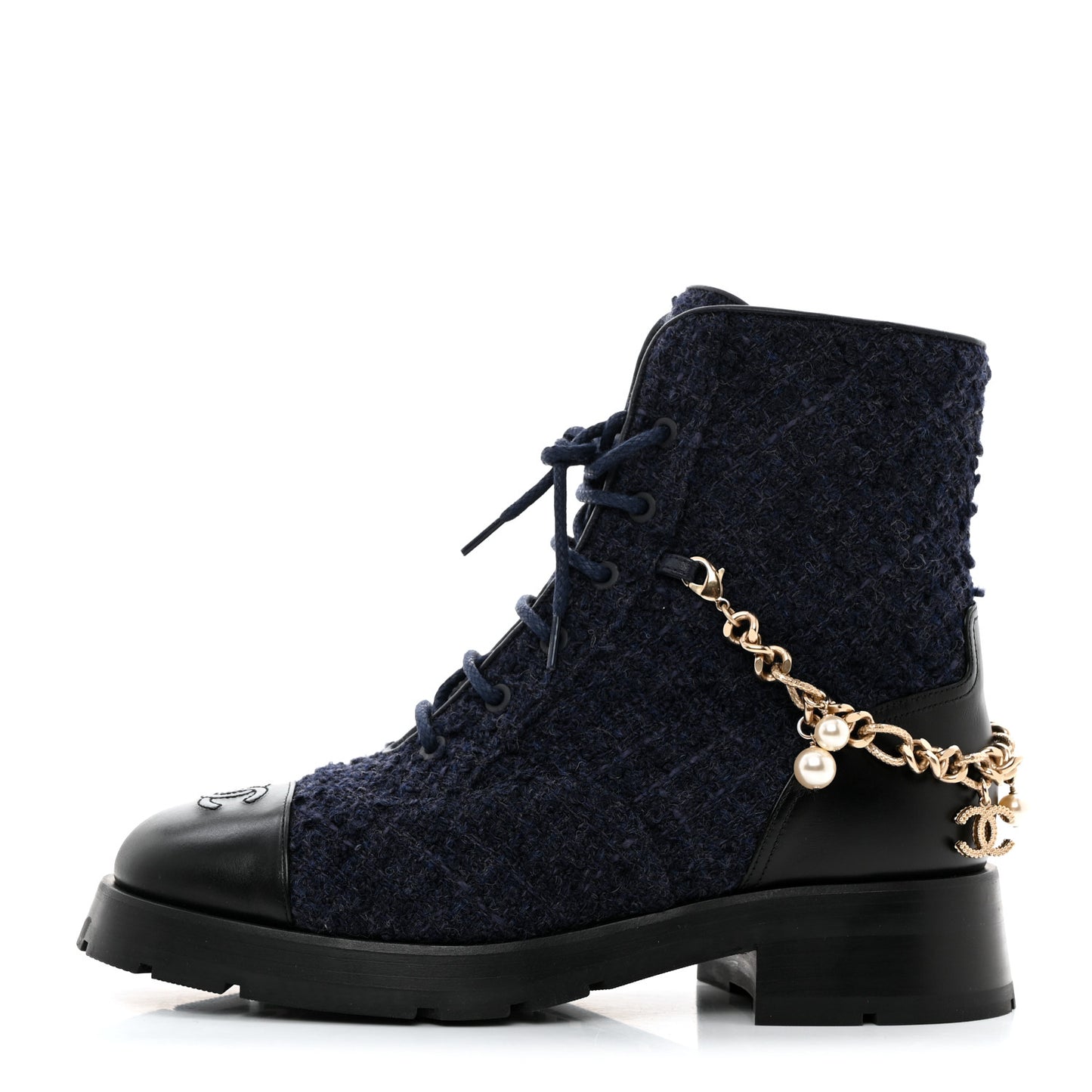 Wool Tweed Calfskin Chain Lace Up Combat Boots 39.5 Navy Blue Black