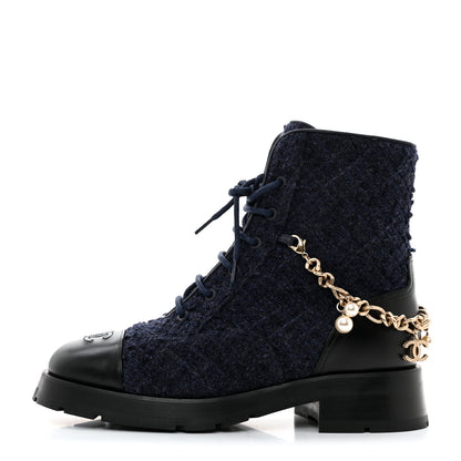 Chanel Wool Tweed Calfskin Chain Lace Up Combat Boots 39.5 Navy Blue Black 1 of 9