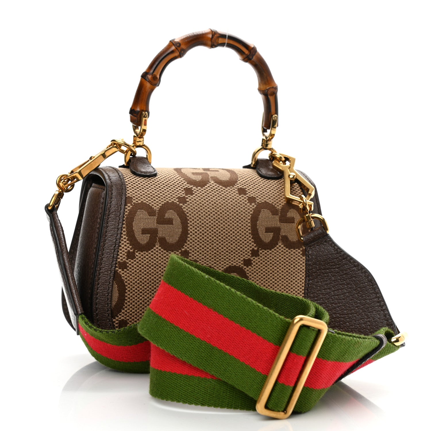 Gucci Monogram Jumbo GG Textured Dollar Calfskin Web Mini Bamboo 1947 Top Handle Bag Camel Ebony New Acero 3 of 10