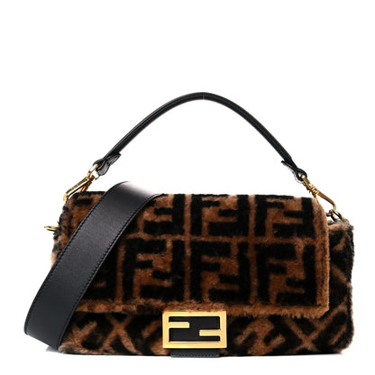 Fendi Shearling Vitello Dolce Macro FF 1974 Baguette Tobacco Black 1 of 10
