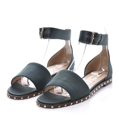Valentino Garavani Satin Soul Rockstud Ankle Strap Flat Sandals 36 Green 3 of 9