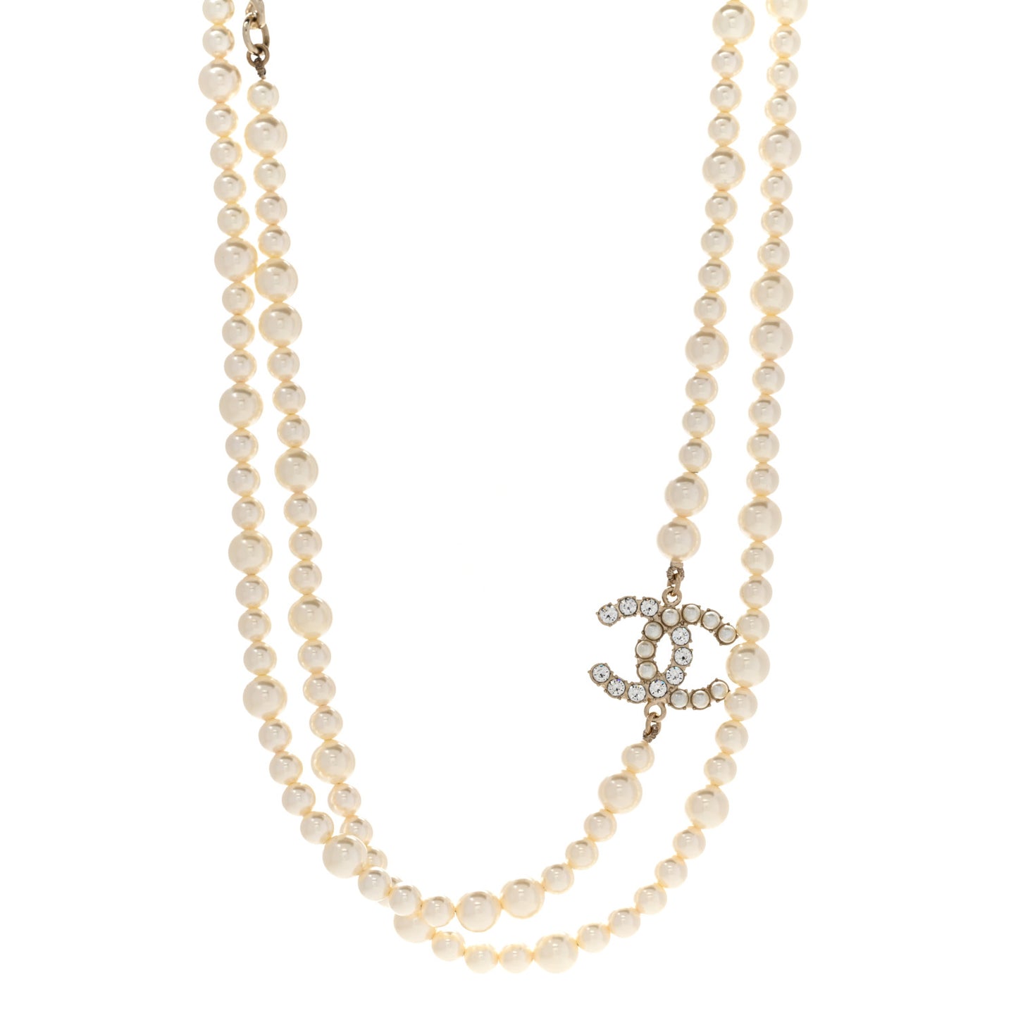 Pearl Baguette Crystal CC Long Necklace Gold