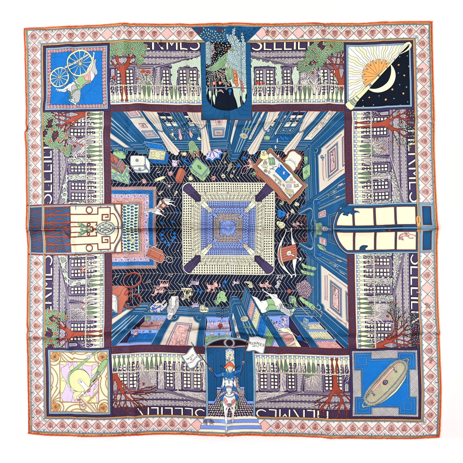 Hermes Silk Objets De Curiosite Scarf 90 Bleu Vert Rose 1 of 3