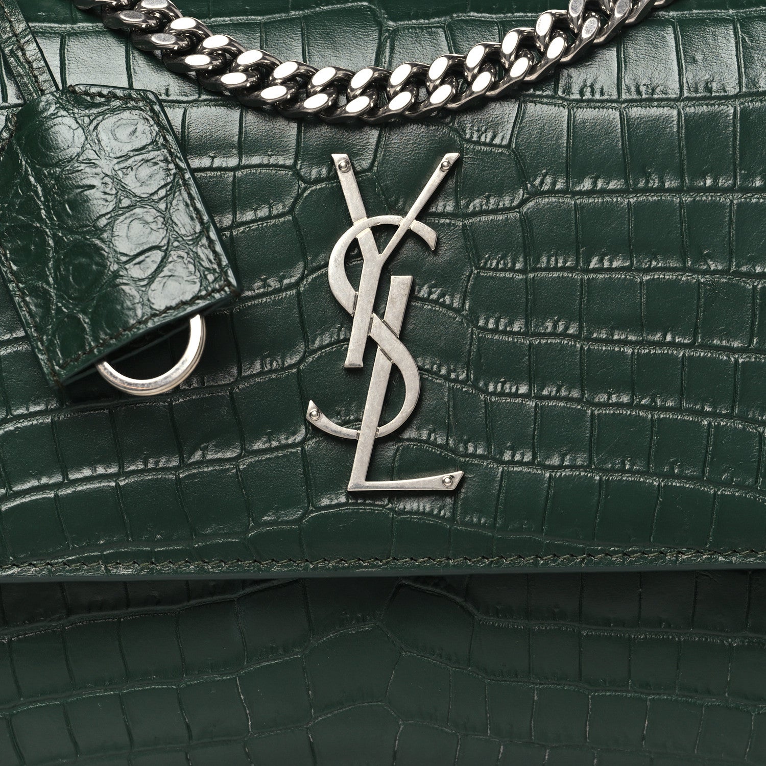 Saint Laurent Calfskin Crocodile Embossed Medium Monogram Sunset Dark Green 7 of 9