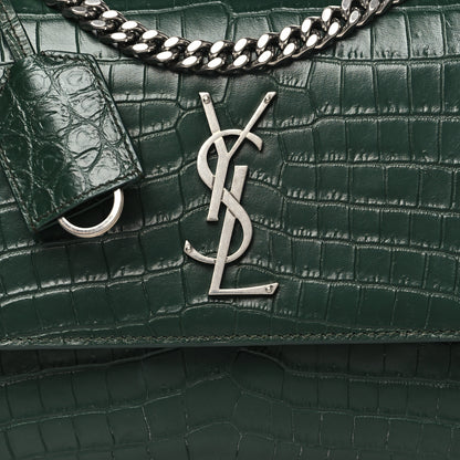 Saint Laurent Calfskin Crocodile Embossed Medium Monogram Sunset Dark Green 7 of 9