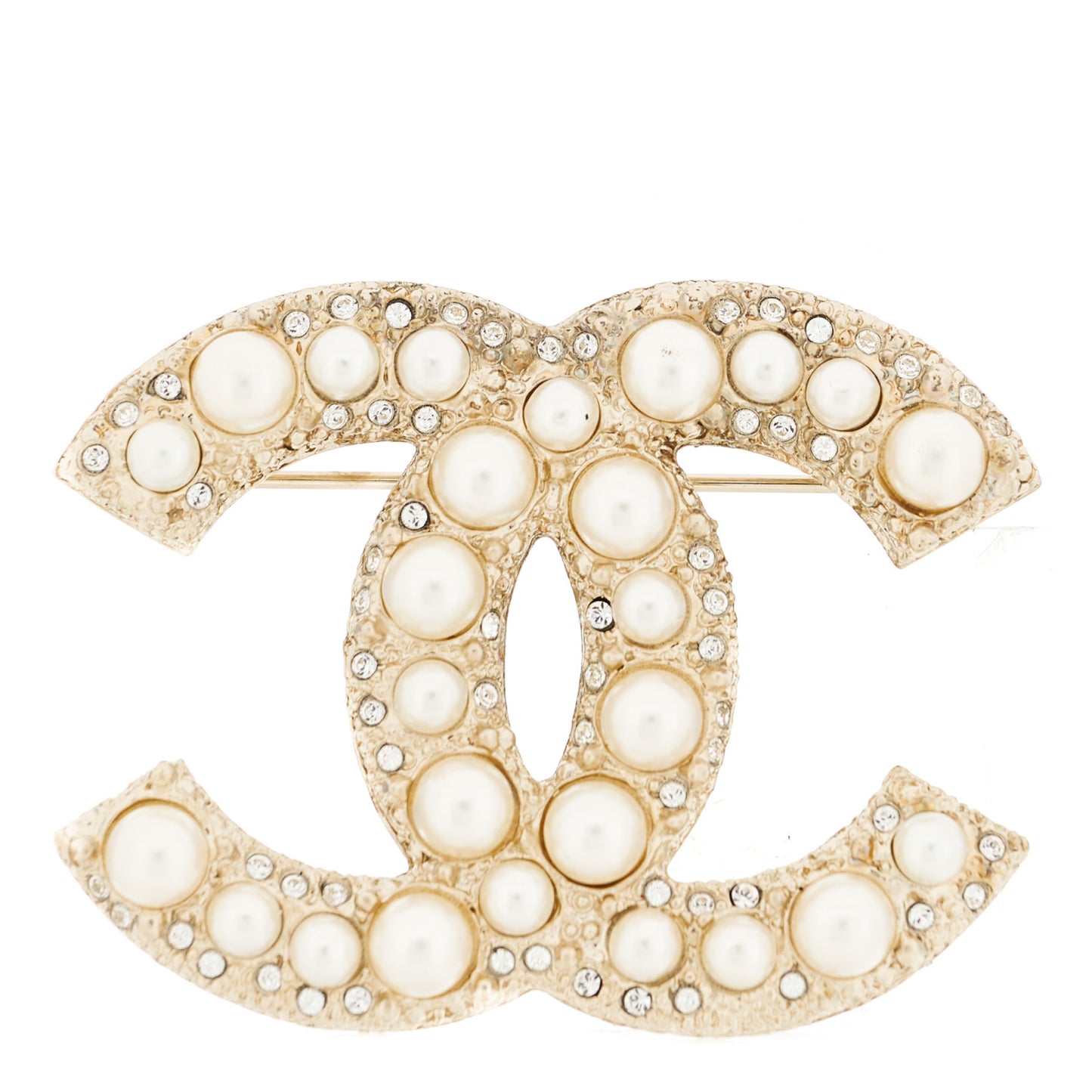 Metal Crystal Graduated Pearl CC Brooch Gold