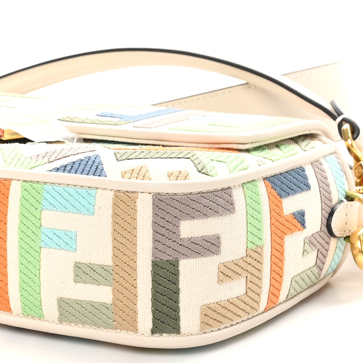 Canvas Vitello Seta FF Multicolor Embroidered Baguette Grezzo Multicolor Latte