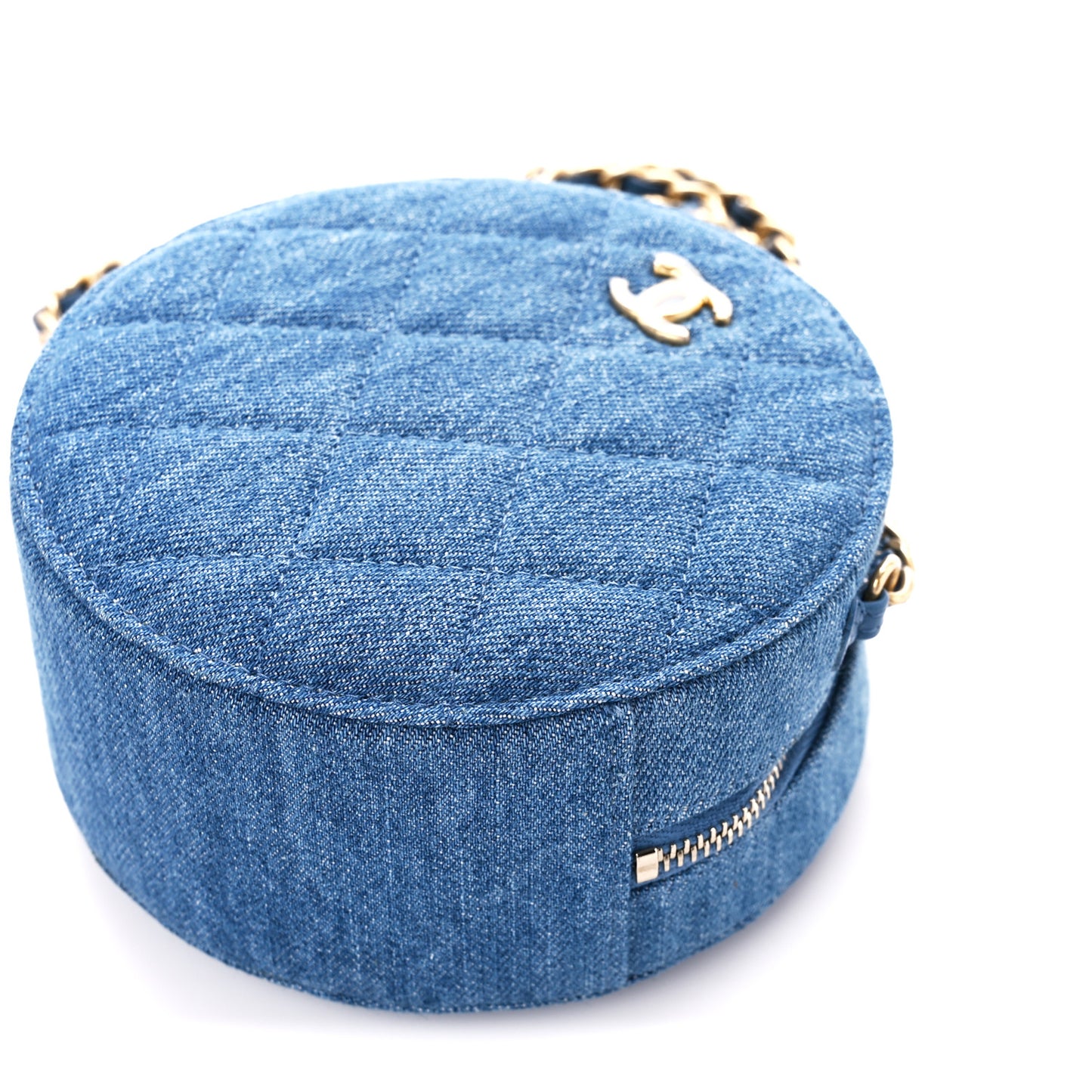Denim Quilted Round Pearl Crush Clutch With Chain Blue