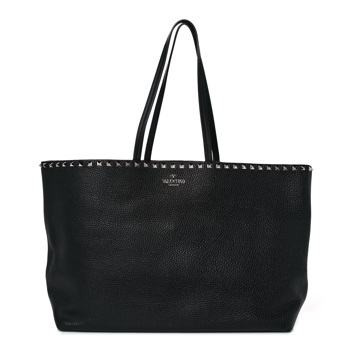 Grained Calfskin Rockstud Shoulder Tote Black
