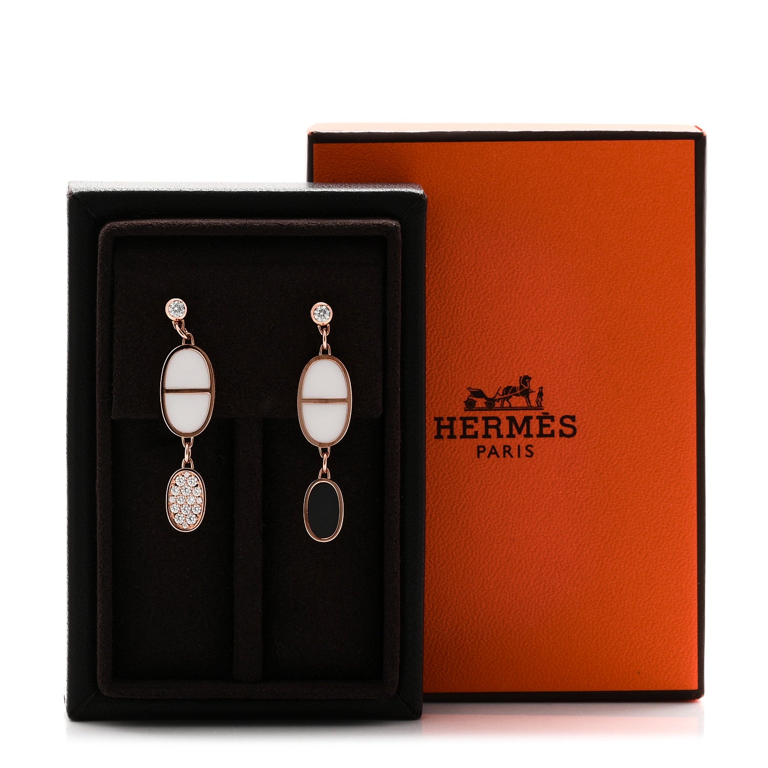 Hermes 18K Rose Gold Ceramic Diamond Chaine D'Ancre Verso Dangle Earrings Black White 5 of 5