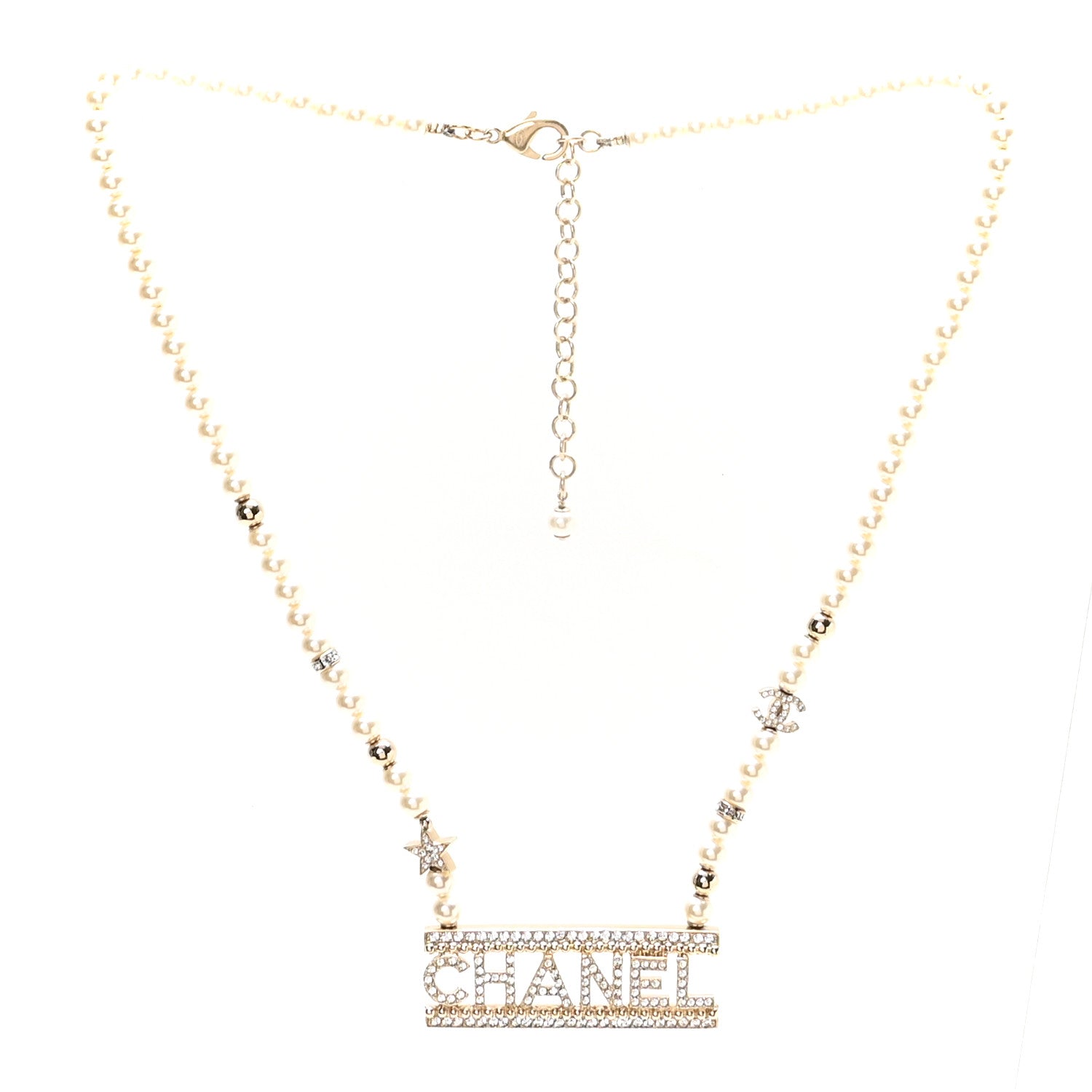 Chanel Crystal Pearl Star Logo Necklace Gold 1 of 5
