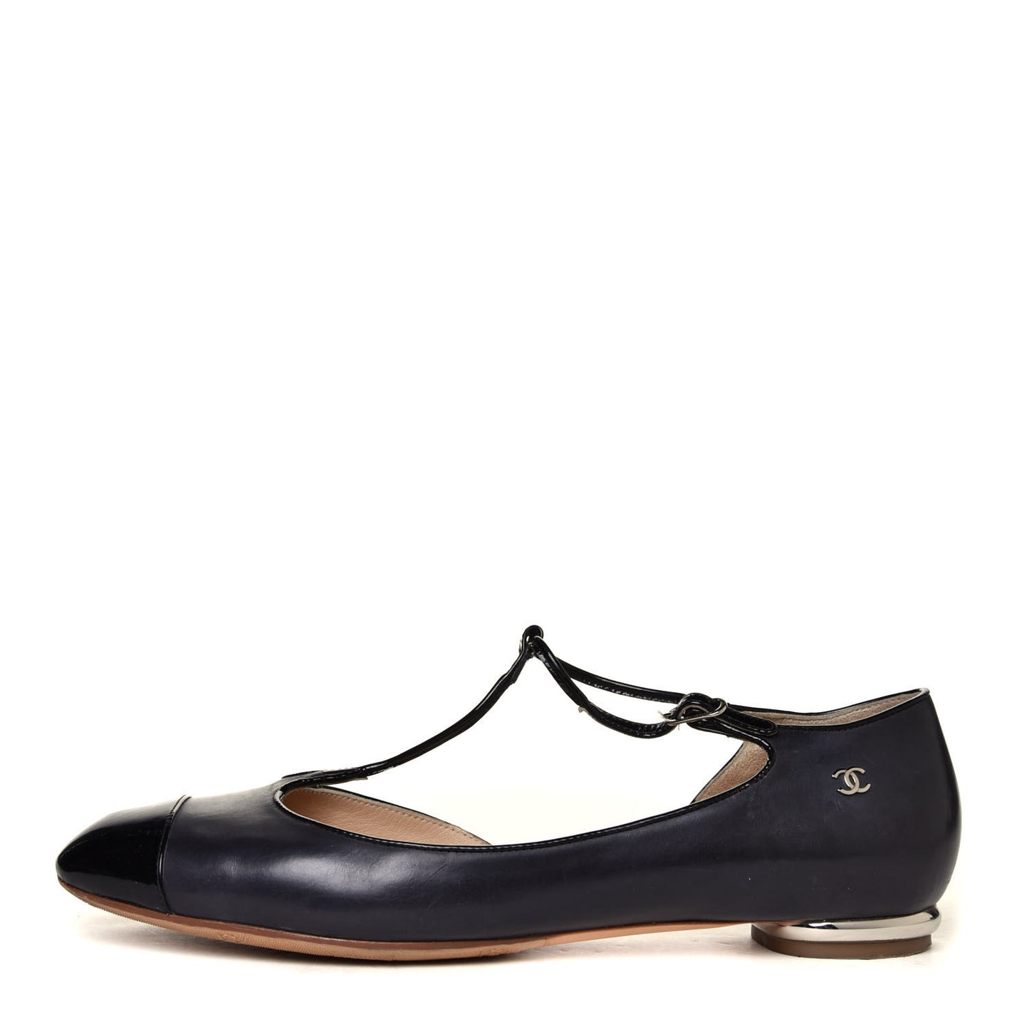 Lambskin Patent Cap Toe T Strap Flats 41 Black