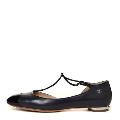 Chanel Lambskin Patent Cap Toe T Strap Flats 41 Black 1 of 14