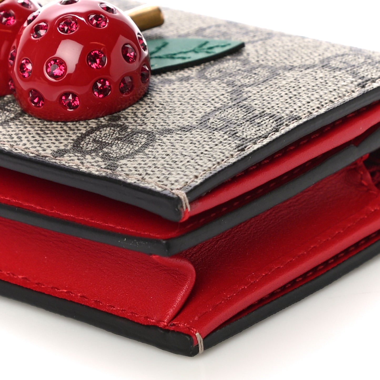 GG Supreme Monogram Cherry Embellished Card Case Wallet Hibiscus Red