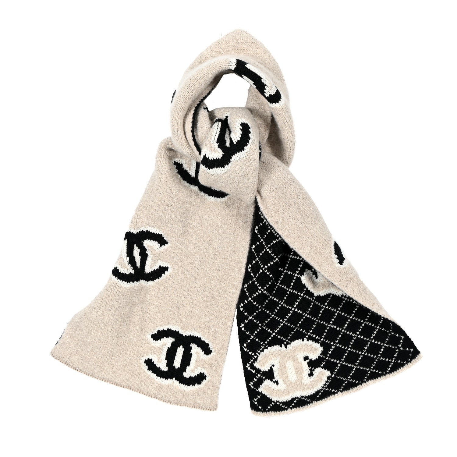 Chanel Wool Cashmere Silk CC Scarf Beige Black White 1 of 5