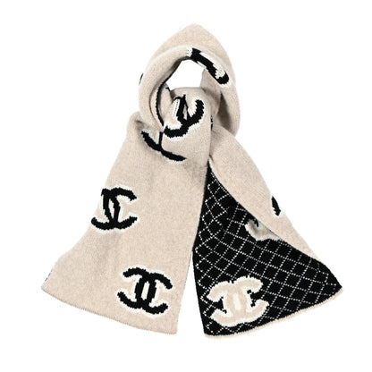 Chanel Wool Cashmere Silk CC Scarf Beige Black White 1 of 5