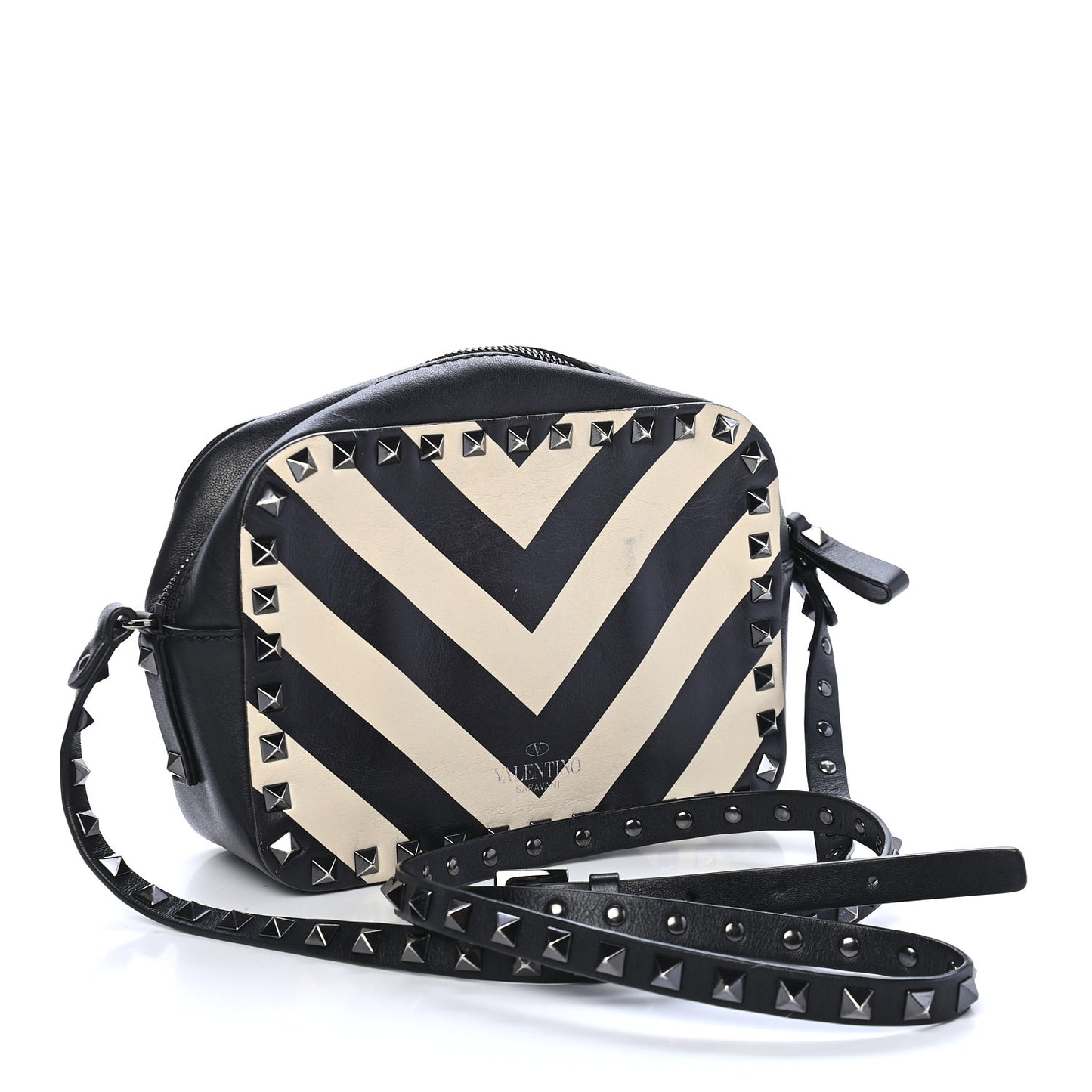 Vitello Chevron Rockstud Camera Crossbody Bag Light Ivory Black