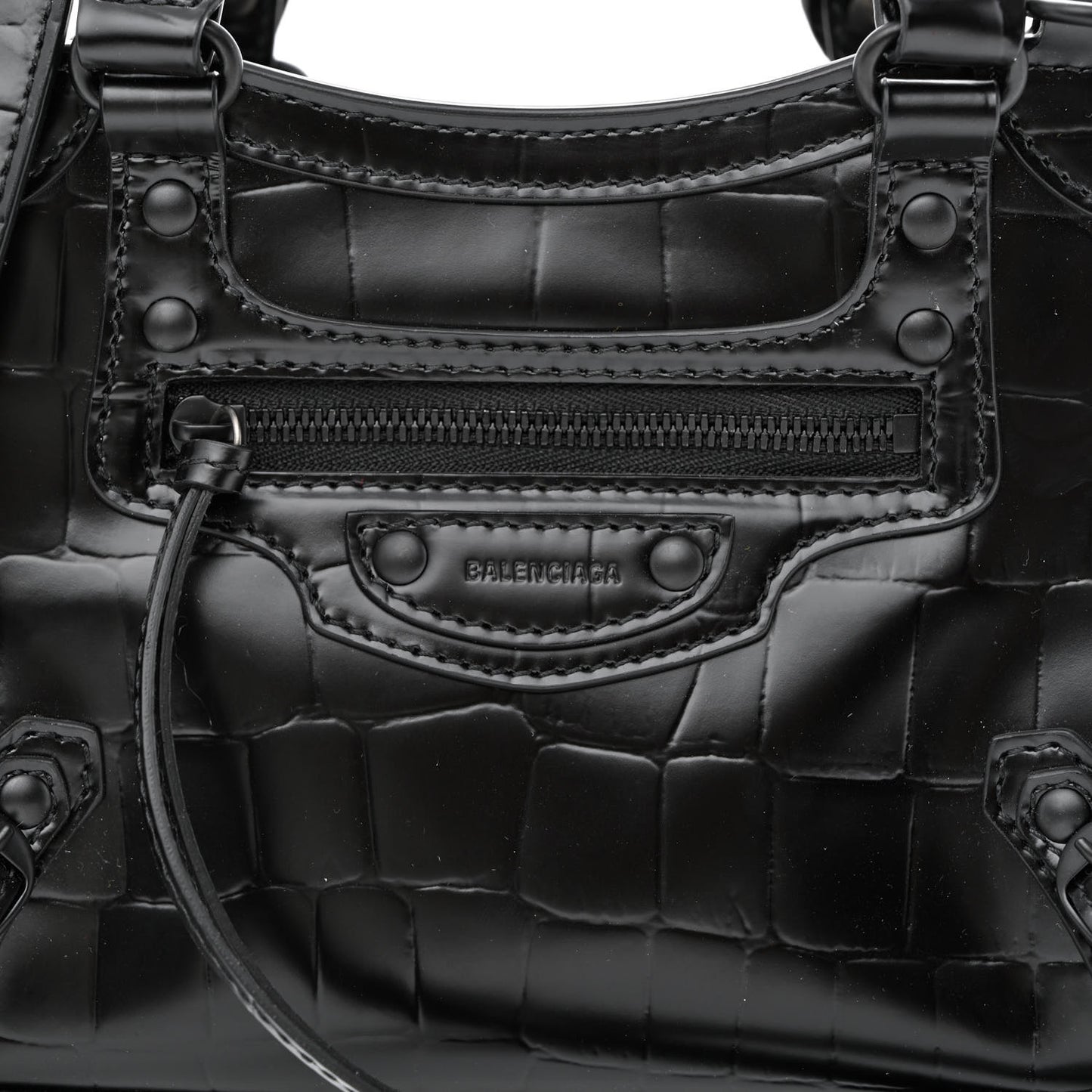 Semi Shiny Calfskin Crocodile Embossed Neo Classic Black Hardware Mini City Black