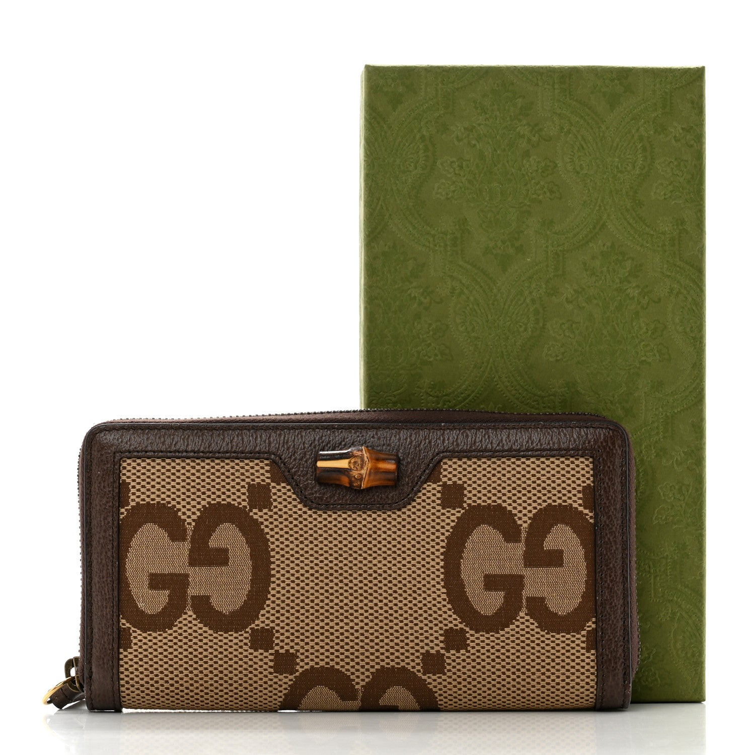 Gucci Monogram Jumbo GG Textured Dollar Calfskin Diana Zip Around Continental Wallet Camel Ebony New Acero 8 of 8