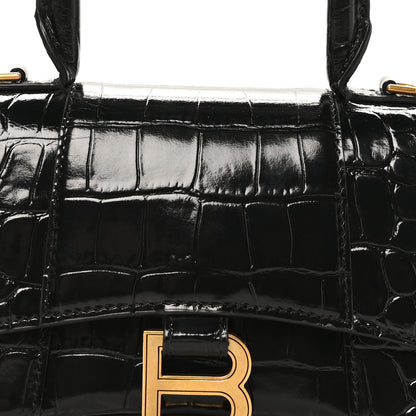 Balenciaga Shiny Calfskin Crocodile Embossed Hourglass Top Handle Bag XS Black 6 of 8