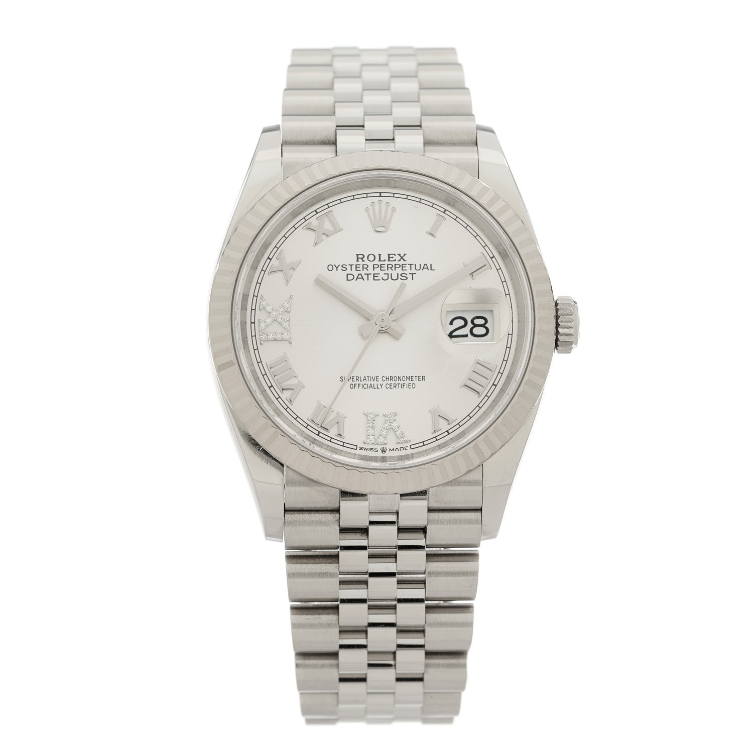 Rolex Stainless Steel 18K White Gold Diamond 36mm Oyster Perpetual Datejust Watch Silver Roman 126234 1 of 5